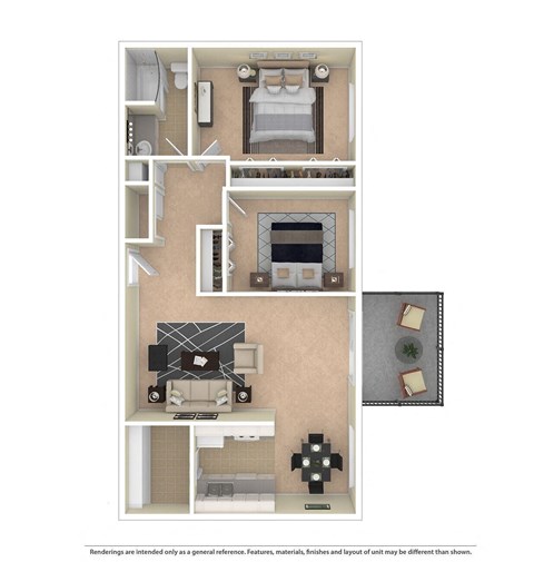 Floor plan for 2 beds, 1 bath, 950 sqft